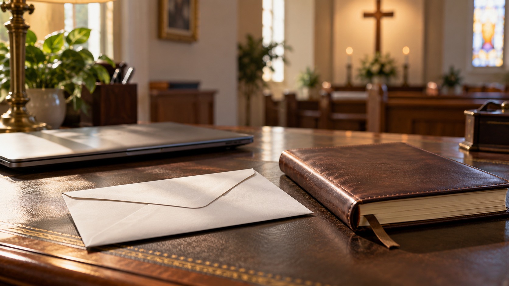 An opaque envelope, closed notebook and closed laptop on an illustrative church office desk.