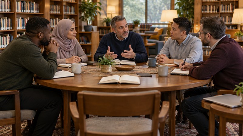 An illustrative small study circle with people gathered around a shared table.