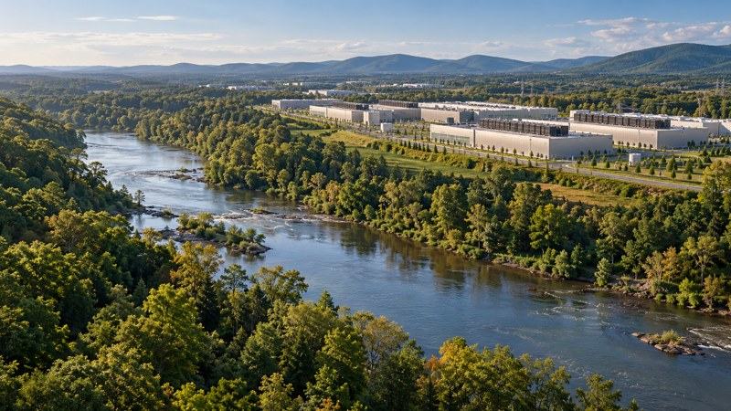 A conceptual wooded river corridor with an industrial campus in the distance; not the King George site.
