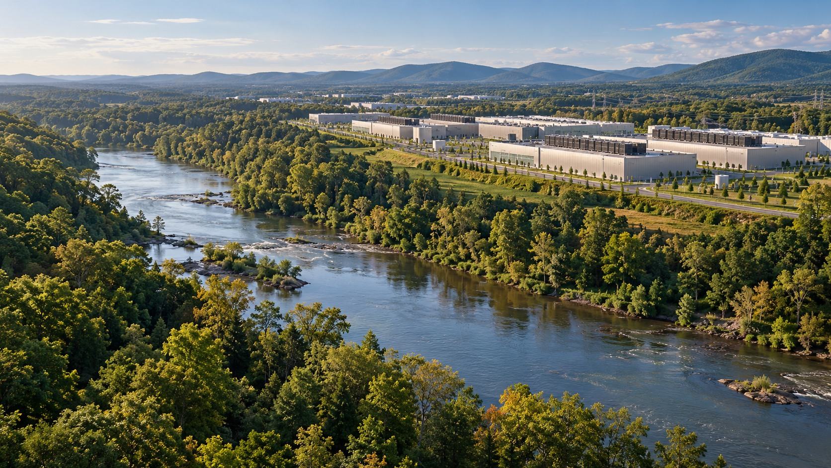 A conceptual wooded river corridor with an industrial campus in the distance; not the King George site.