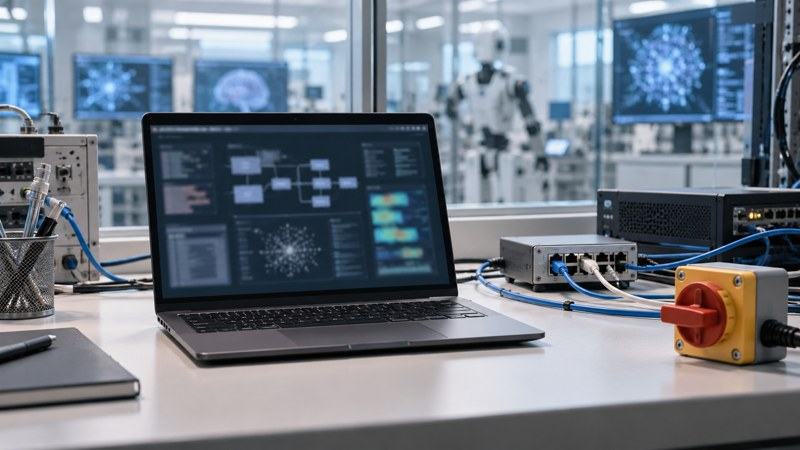 A conceptual workstation for examining permissions and simulated AI test results.
