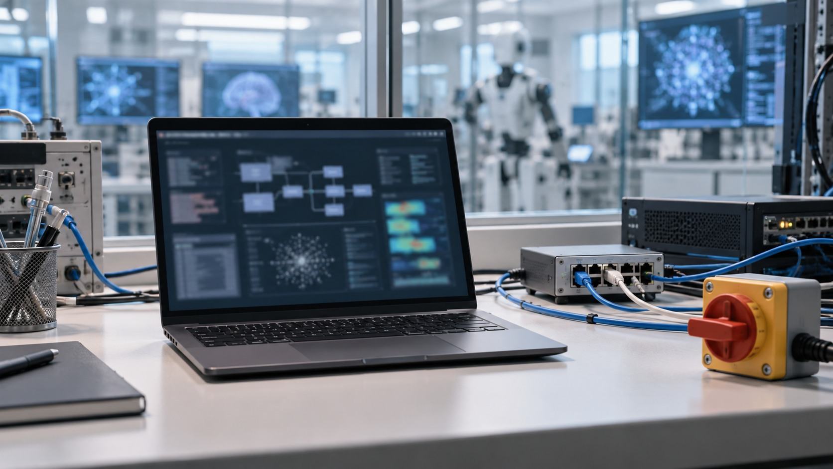 A conceptual workstation for examining permissions and simulated AI test results.