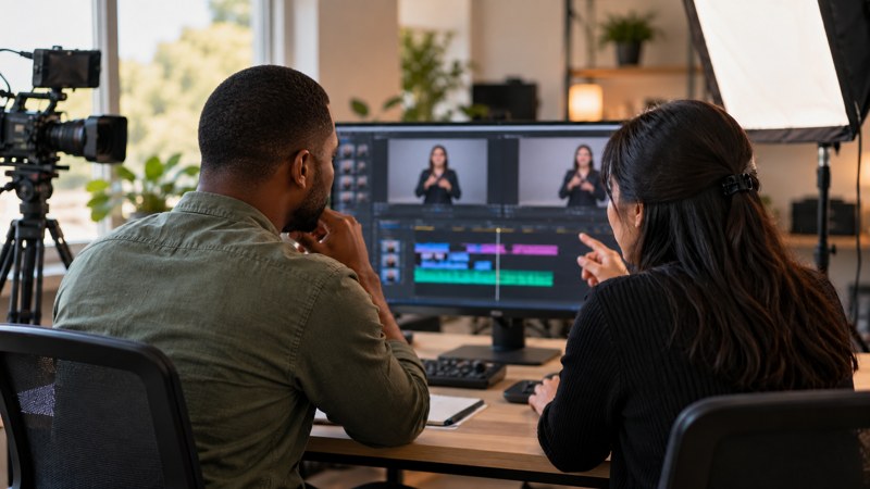 An imagined video editing workspace with two adult colleagues reviewing a production.