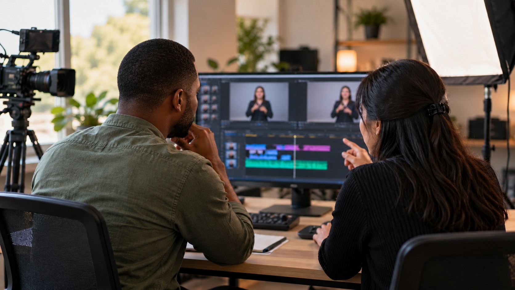 An imagined video editing workspace with two adult colleagues reviewing a production.