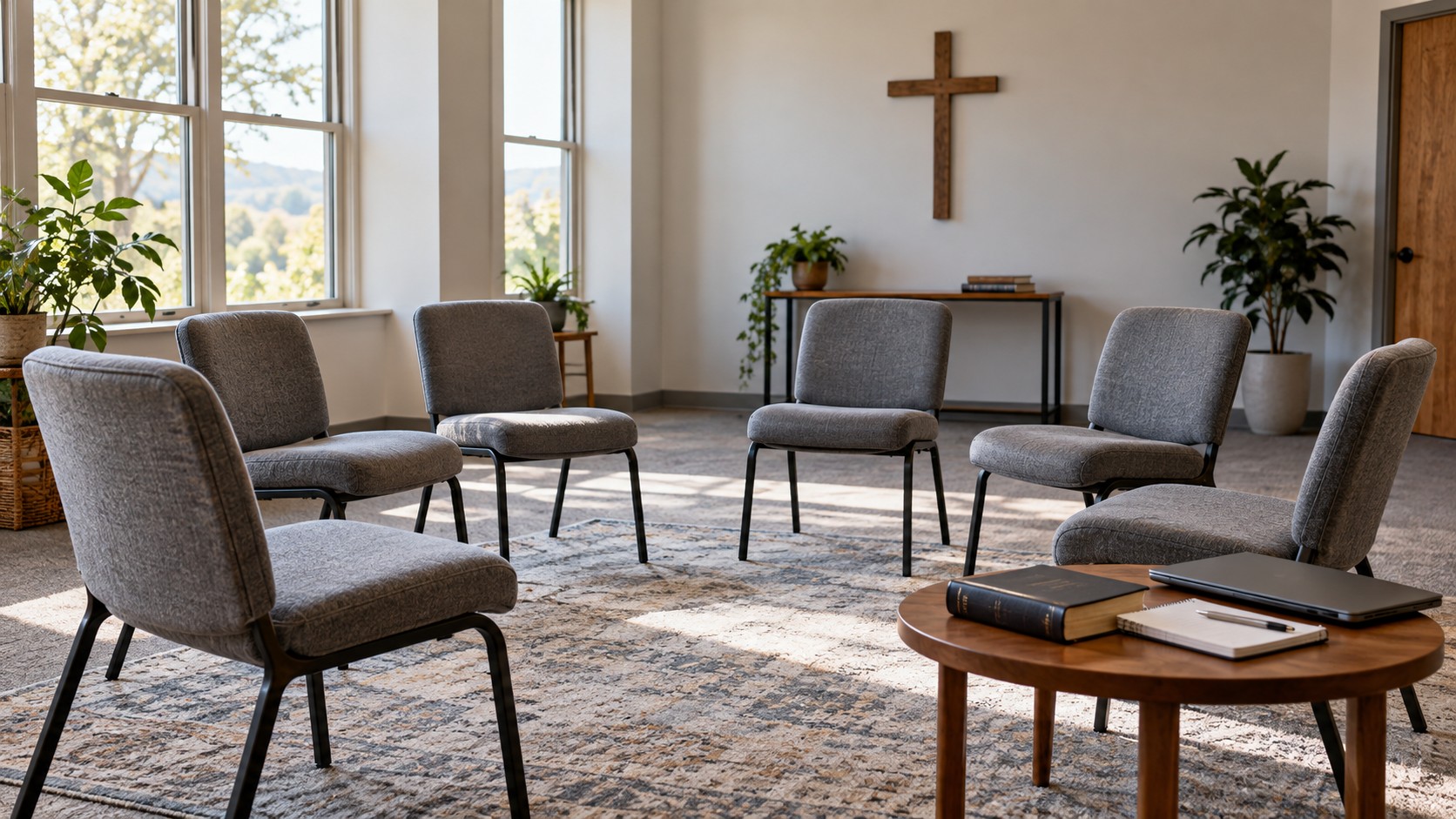 Imagined parish room with empty chairs in a circle, a wall cross, books, a notebook and a closed laptop on a side table.