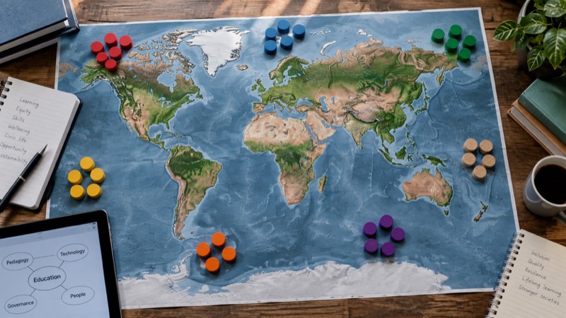 Overhead global education planning table: unlabelled world map, seven groups of colored wooden counters, school notebooks and tablet.