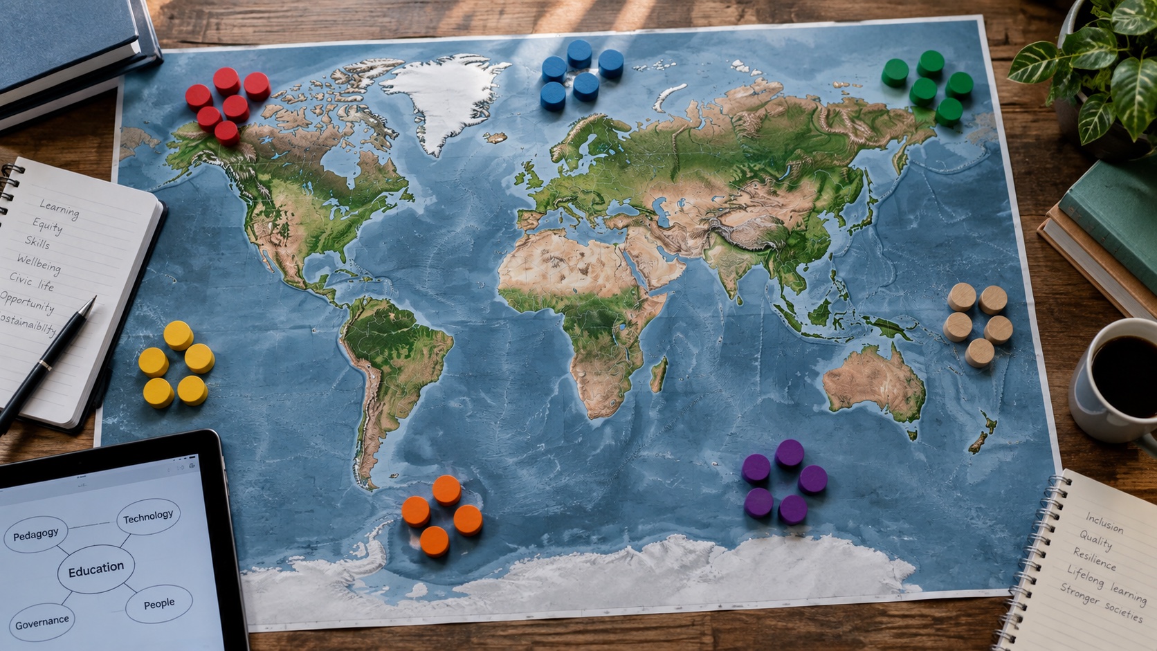 Overhead global education planning table: unlabelled world map, seven groups of colored wooden counters, school notebooks and tablet.