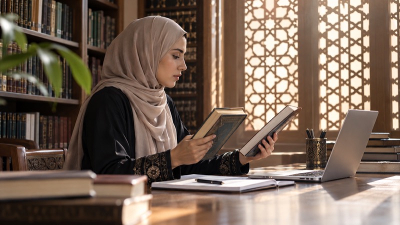 A Muslim woman scholar in neutral hijab comparing two scholarly books with laptop in a serene Islamic library; geometric window screen.