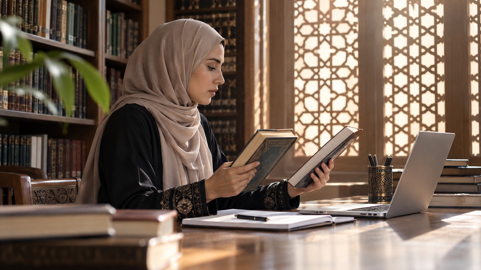 A Muslim woman scholar in neutral hijab comparing two scholarly books with laptop in a serene Islamic library; geometric window screen.
