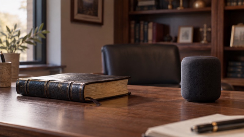 Closed leather Bible beside an unbranded smart speaker on church office desk, physical distance between book and device emphasized.