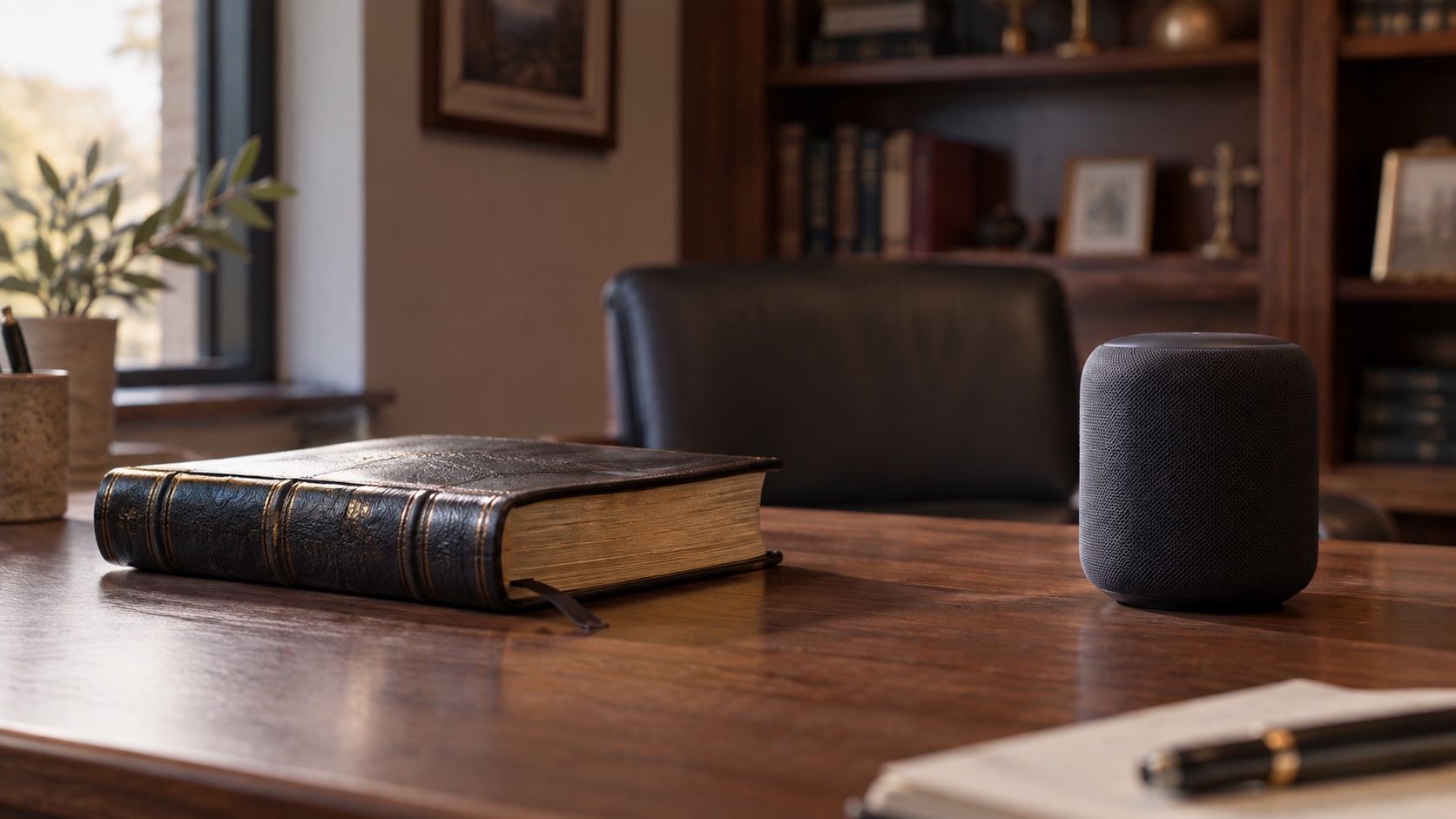 Closed leather Bible beside an unbranded smart speaker on church office desk, physical distance between book and device emphasized.