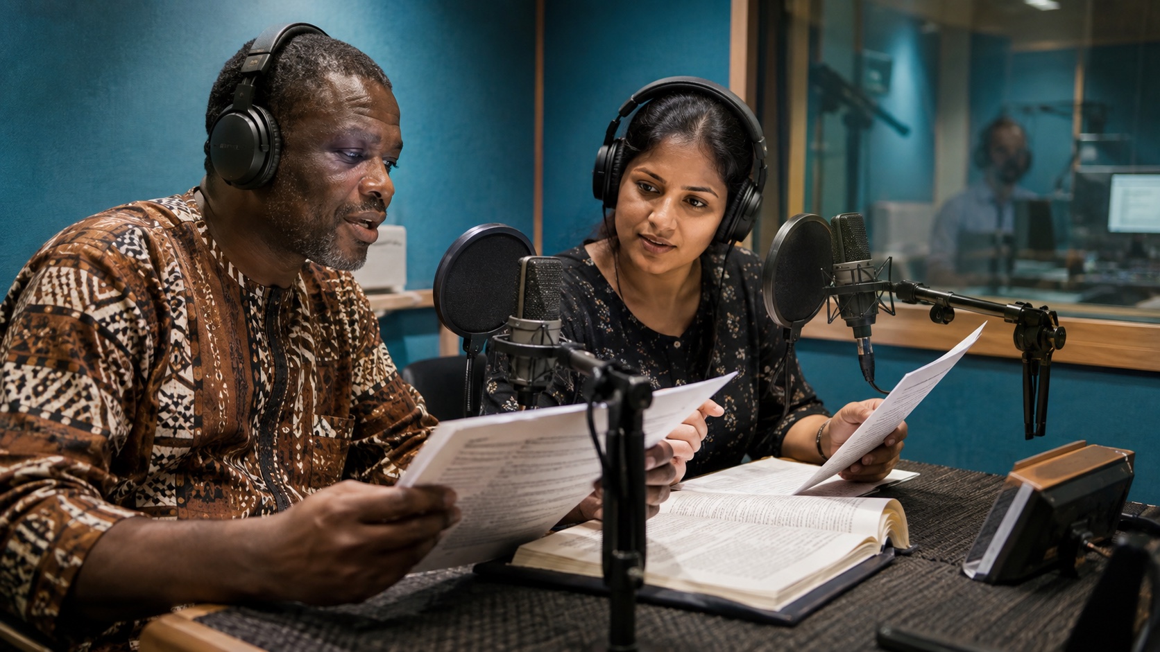 Two adult translators of different backgrounds in headphones in a language recording booth, comparing manuscript pages and speaking into microphone.