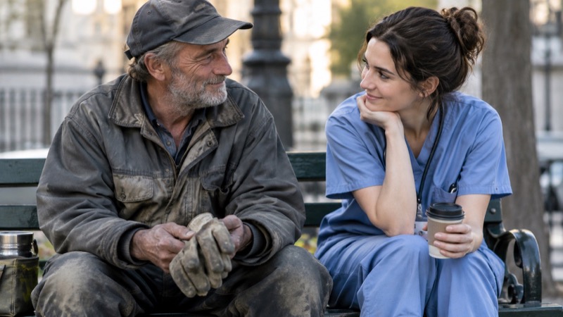 Older manual worker and young adult nurse sitting together on a public bench during a break, worker holding work gloves.