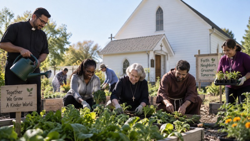 Diverse Christian clergy and lay volunteers tending a community garden beside a simple church, collaborative human responsibility, wide outdoor morning composition..