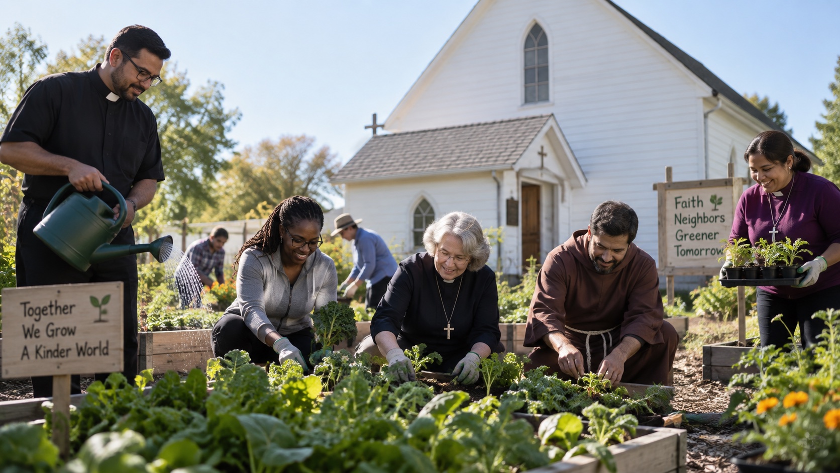 Diverse Christian clergy and lay volunteers tending a community garden beside a simple church, collaborative human responsibility, wide outdoor morning composition..