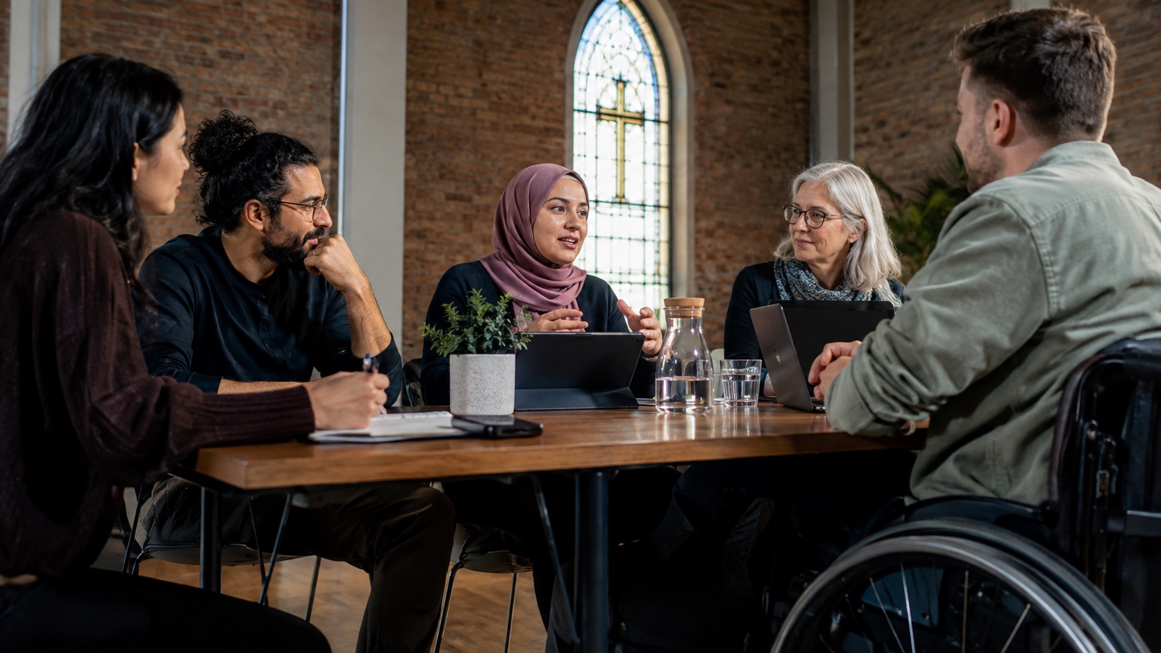Wheelchair user participating equally with other adults at a community meeting table with tablet, simple church window behind, modern brick walls.
