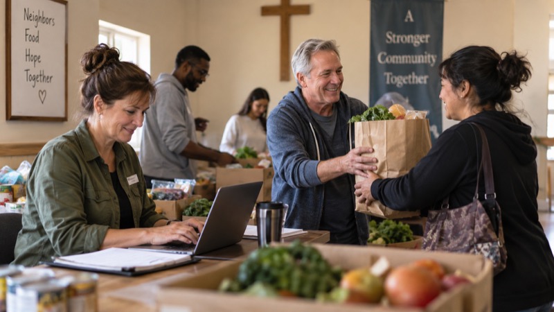 Church volunteer at a service desk using laptop to organize food boxes while another adult warmly greets a neighbor with a grocery bag.