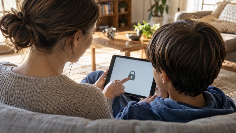 Parent and child on sofa jointly reviewing a tablet, parent points at simple lock icon on generic screen, over shoulder view, warm safe domestic room.