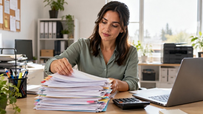 Office administrator reorganizing paper files beside calculator and laptop in bright small business office; thoughtful productive work, not job loss..