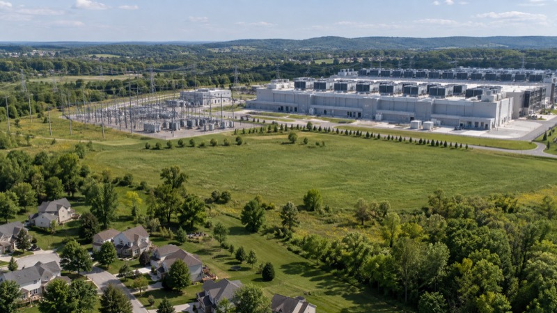 Wide aerial oblique landscape of generic data center, electrical substation and neighboring homes separated by green field.