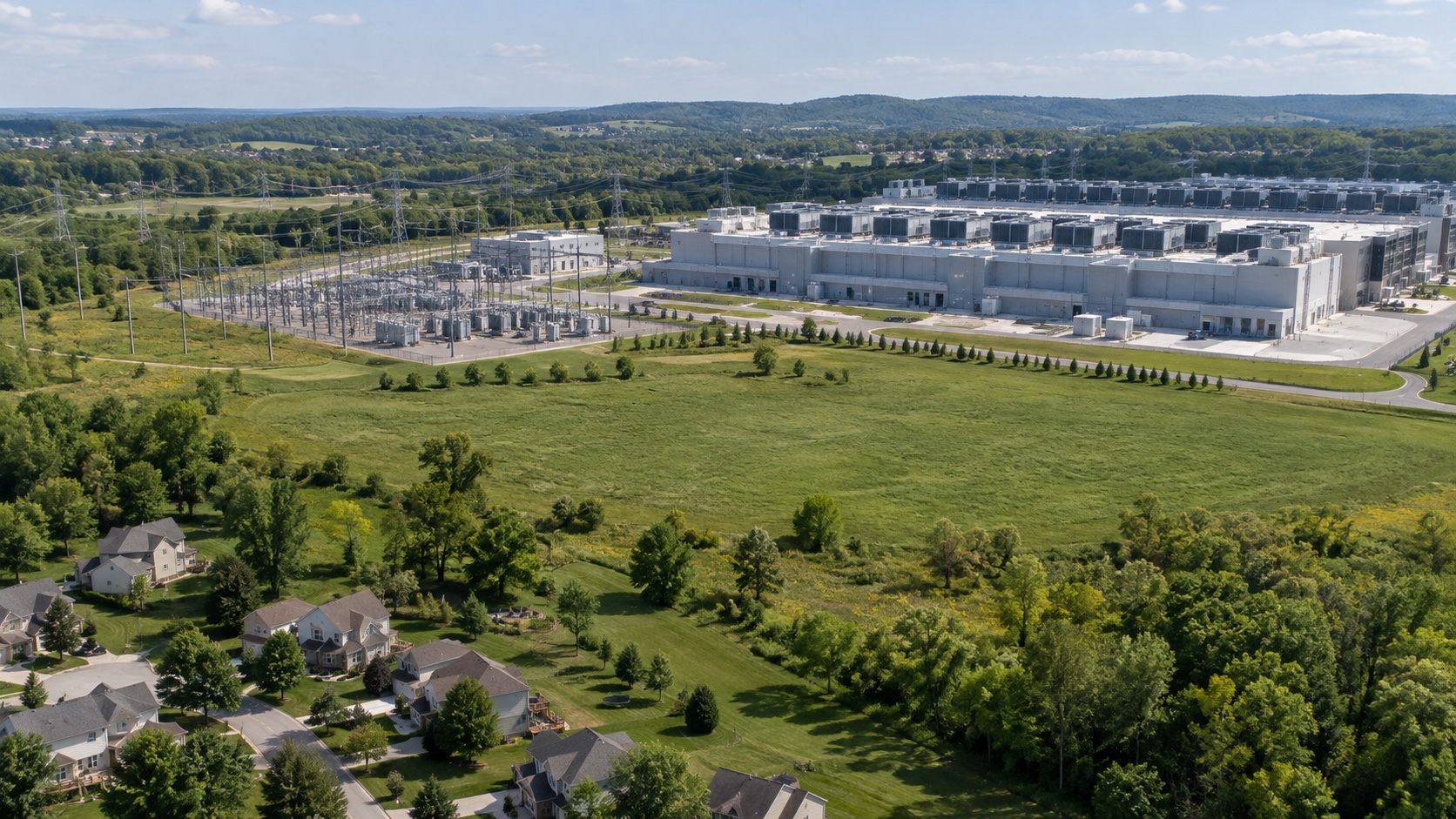 Wide aerial oblique landscape of generic data center, electrical substation and neighboring homes separated by green field.