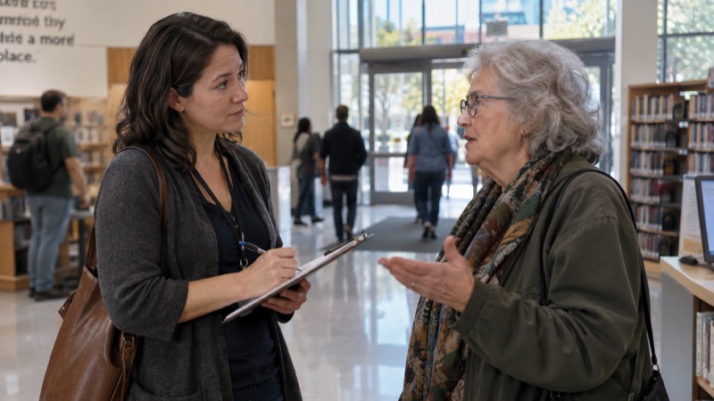 Adult survey interviewer with clipboard listening to older woman in public library foyer, blurred adult visitors behind.