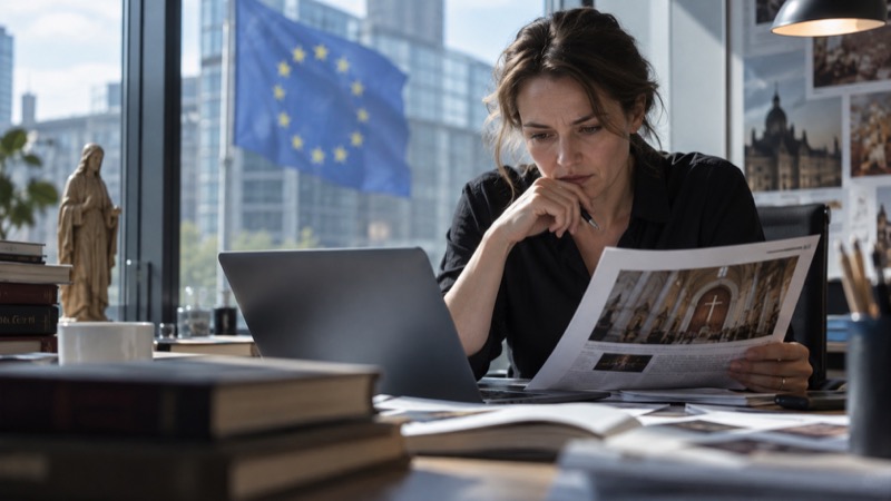 European blue flag with twelve gold stars blurred outside glass office; publication editor in foreground inspecting laptop and printed proof.