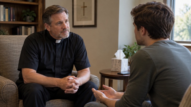 Middle-aged pastor attentively listening to younger adult in church counseling room, tissue box and closed phone on side table.