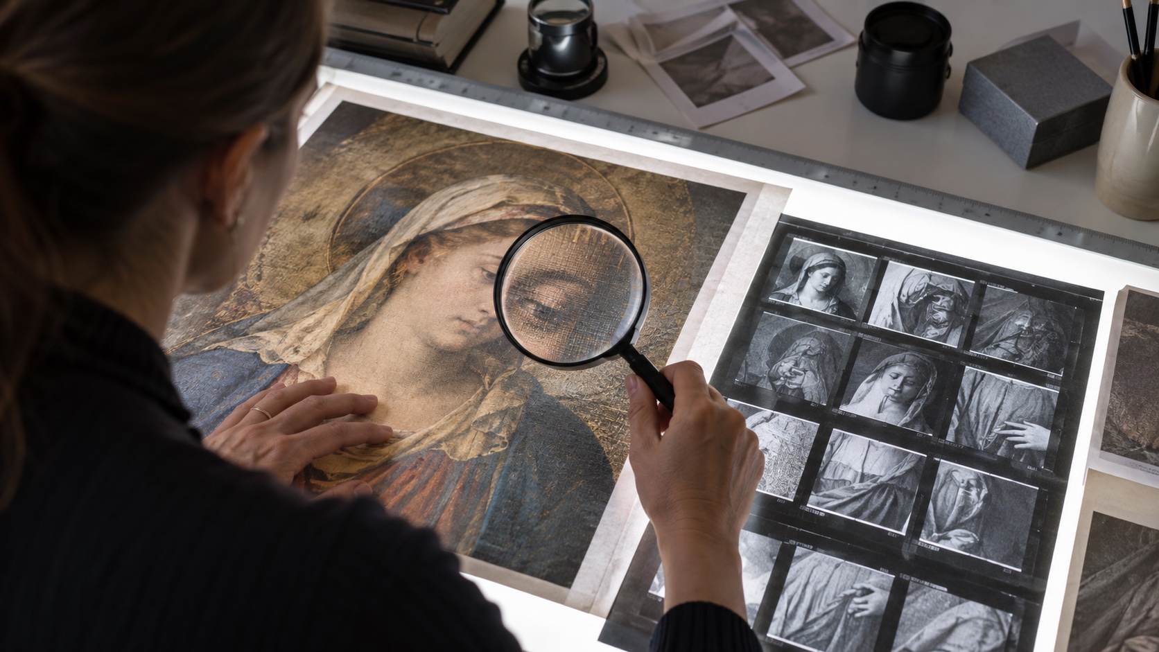 Editor using magnifying glass to compare a printed religious artwork and camera contact sheet on light table.