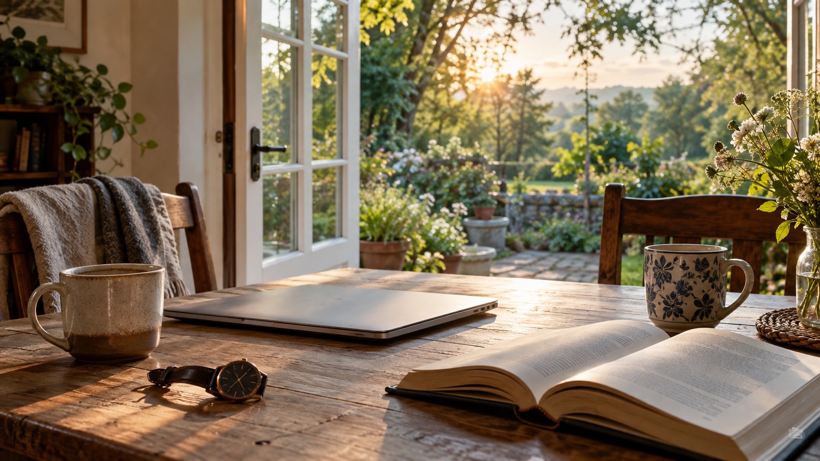 Quiet home table at sunrise with powered-off laptop, wristwatch laid down, simple open book and two mugs.