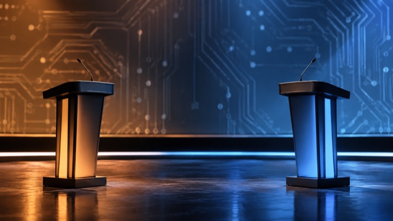 Two empty podiums facing one another on contemporary debate stage with indistinct abstract circuit pattern on background screen.
