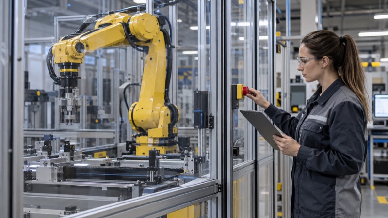 Industrial robotic arm stopped behind transparent safety enclosure as female engineer in safety glasses checks emergency-stop control and clipboard.