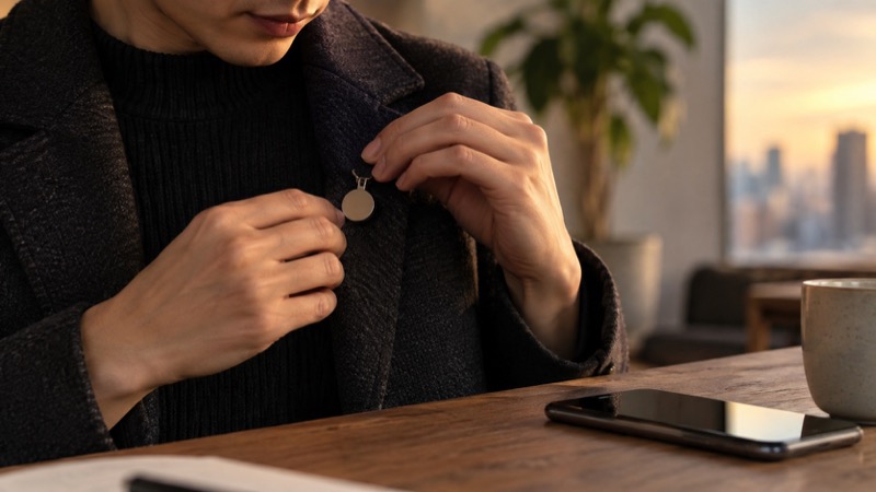 Closeup of adult fastening ordinary neutral pendant onto jacket beside phone on table, tactile woven cloth and brushed metal.
