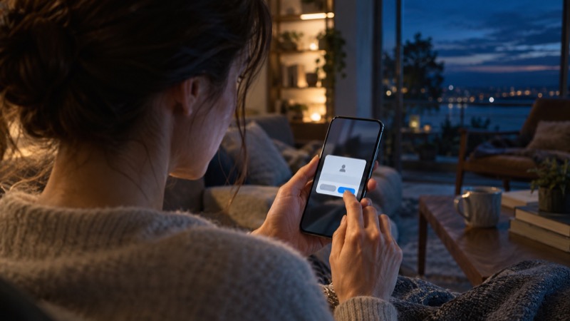 Over-shoulder adult reviewing generic permission dialog on smartphone, two unlabeled buttons, calm living room reflected in glass.