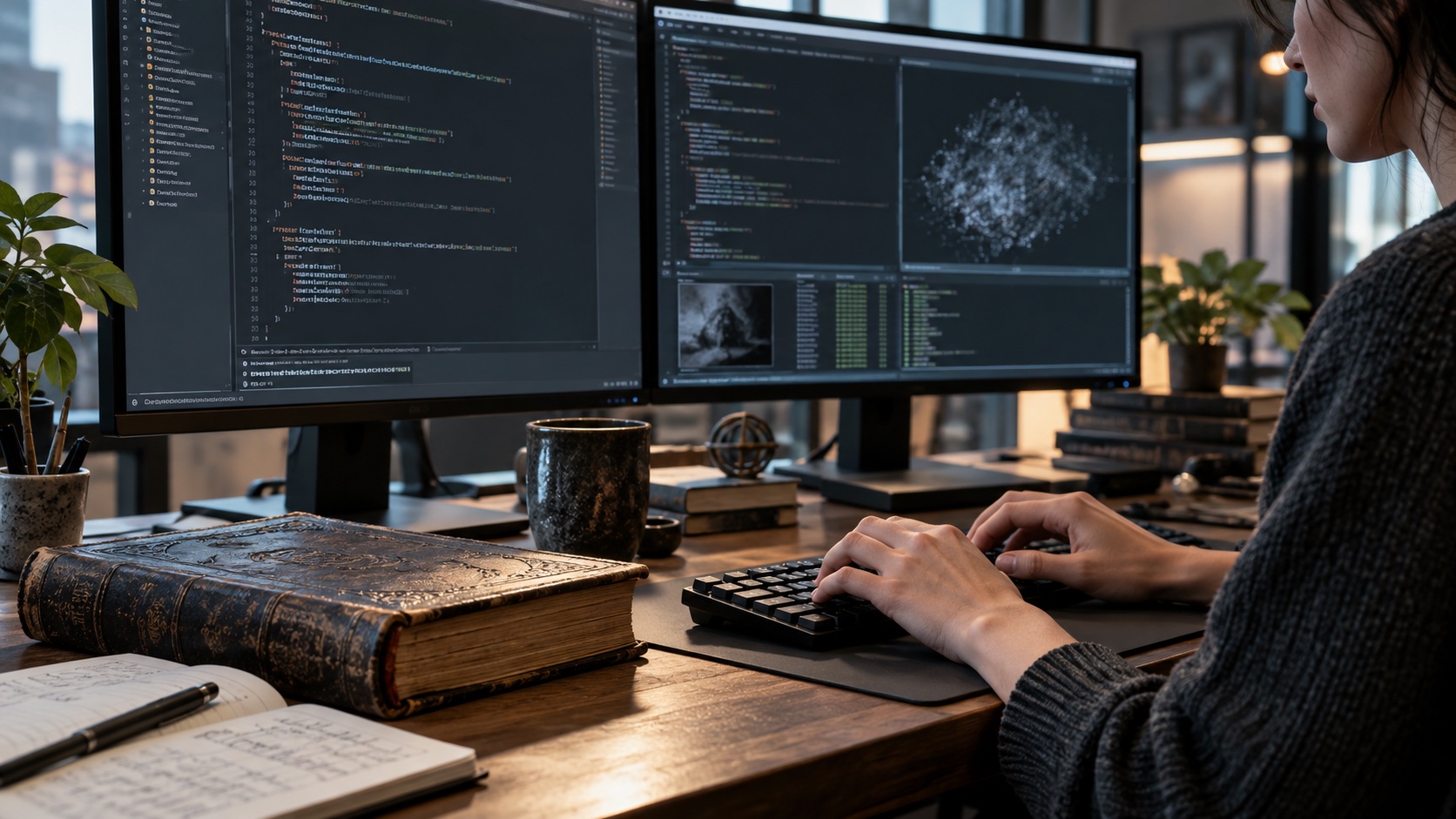 Software researcher evaluating two monitors with indistinct code shapes, closed weathered storybook on desk, focus on keyboard and hands, contemporary lab.