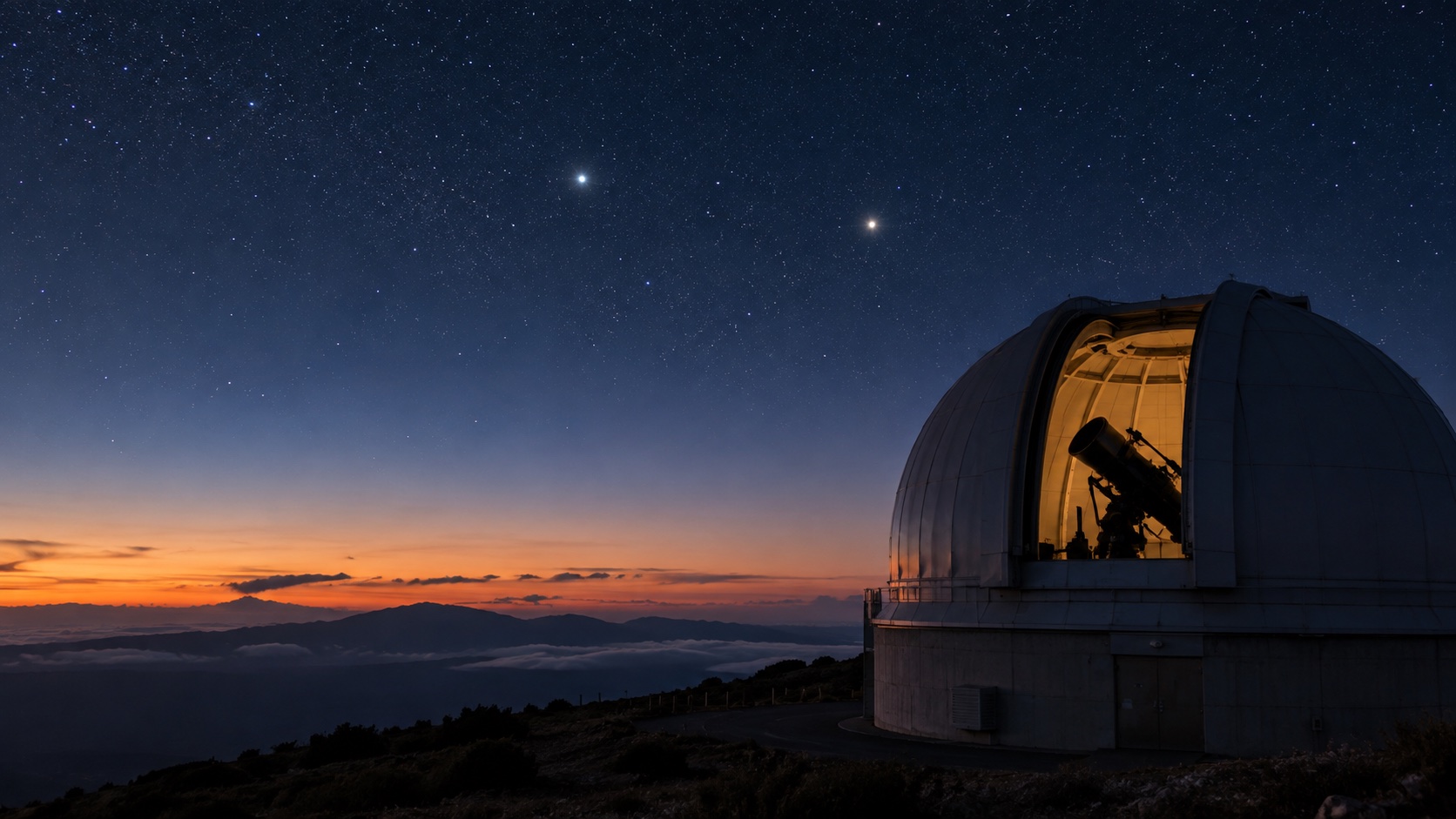Realistic observatory dome at twilight below starry sky with two bright stars separated above horizon, telescope silhouette.