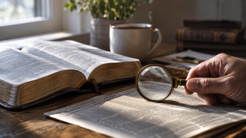 Hand holding small magnifying glass over newspaper beside open Bible, shallow-focus print not readable.