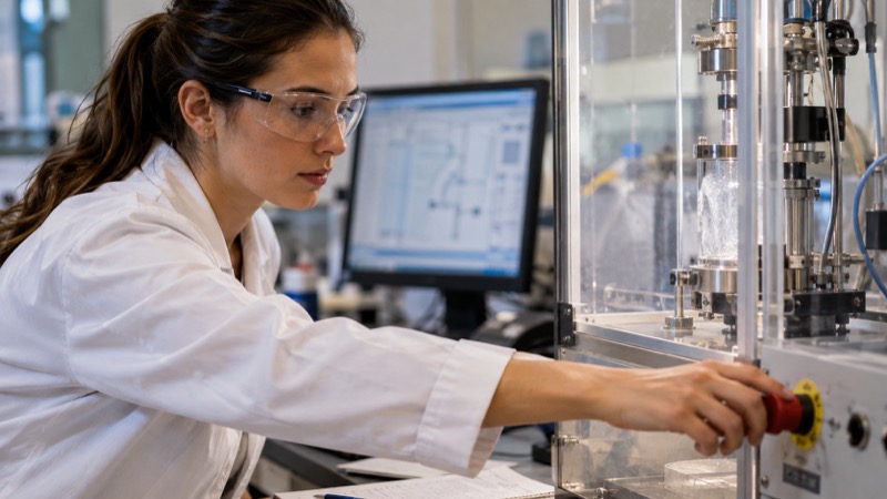 Lab technician deliberately reaching for physical pause control beside transparent experimental chamber, safety glasses, screen blurred.