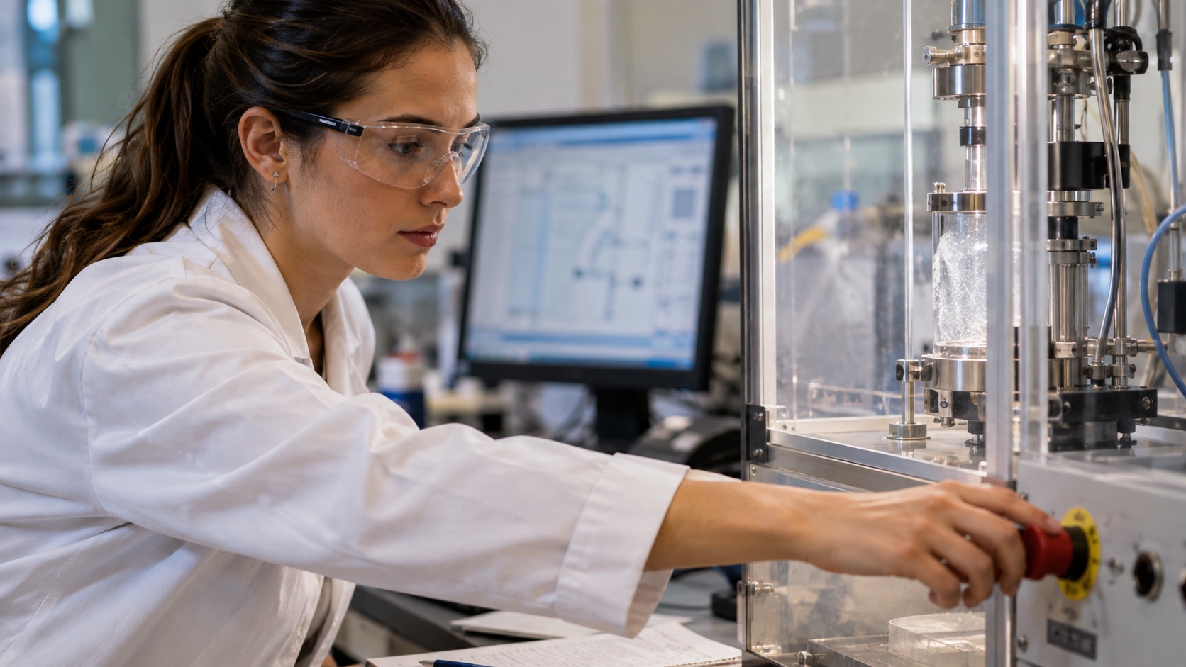 Lab technician deliberately reaching for physical pause control beside transparent experimental chamber, safety glasses, screen blurred.