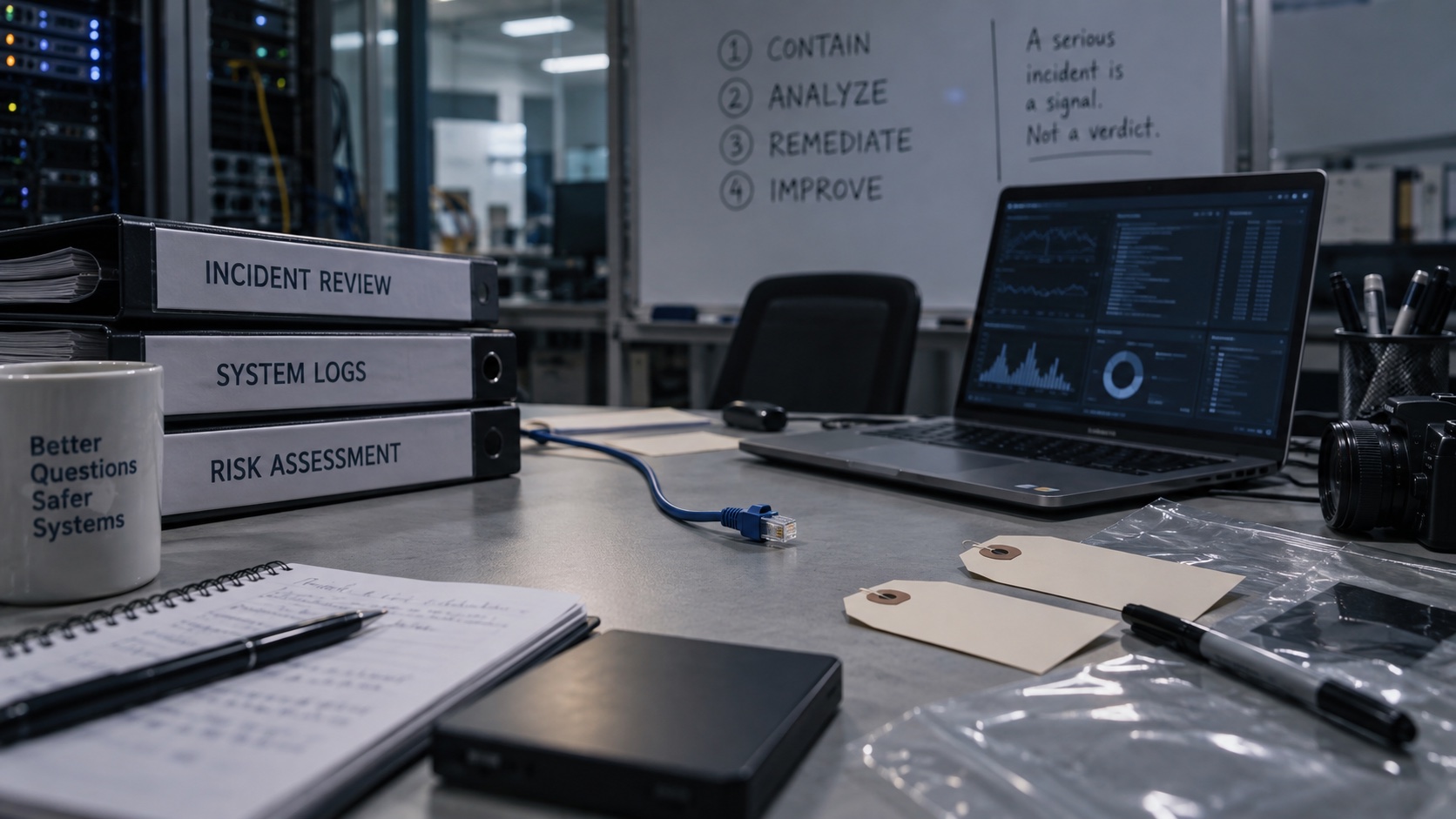 Technical incident review desk with disconnected network cable, blank evidence tags and laptop with indistinct diagnostic charts.