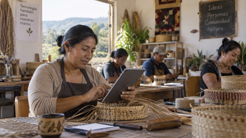 Rural cooperative workshop: adult craft worker uses inexpensive tablet beside traditional tools, coworkers behind.