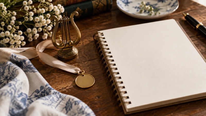 Artists lyre-shaped miniature brass ornament and plain charm on ribbon beside blank notebook.