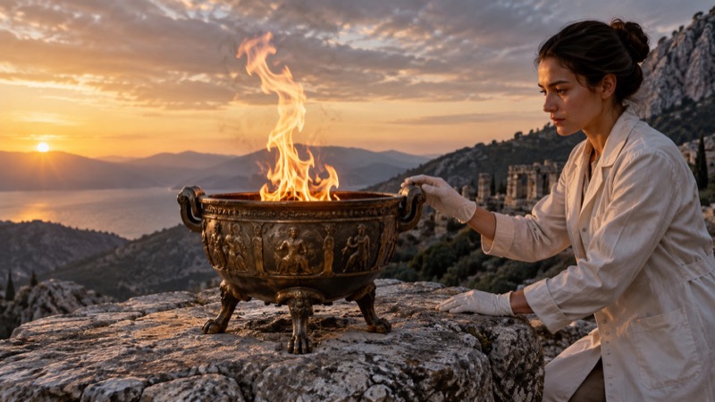 Controlled flame in ancient-style bronze brazier on rugged stone, gloved conservator beside it.