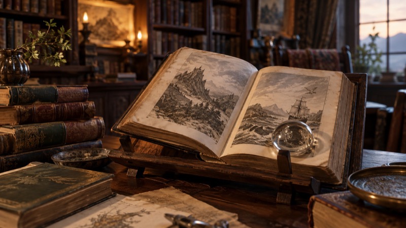 Worn storybooks opened on wooden bookrest with clear glass paperweight, warm library light and shallow focus.