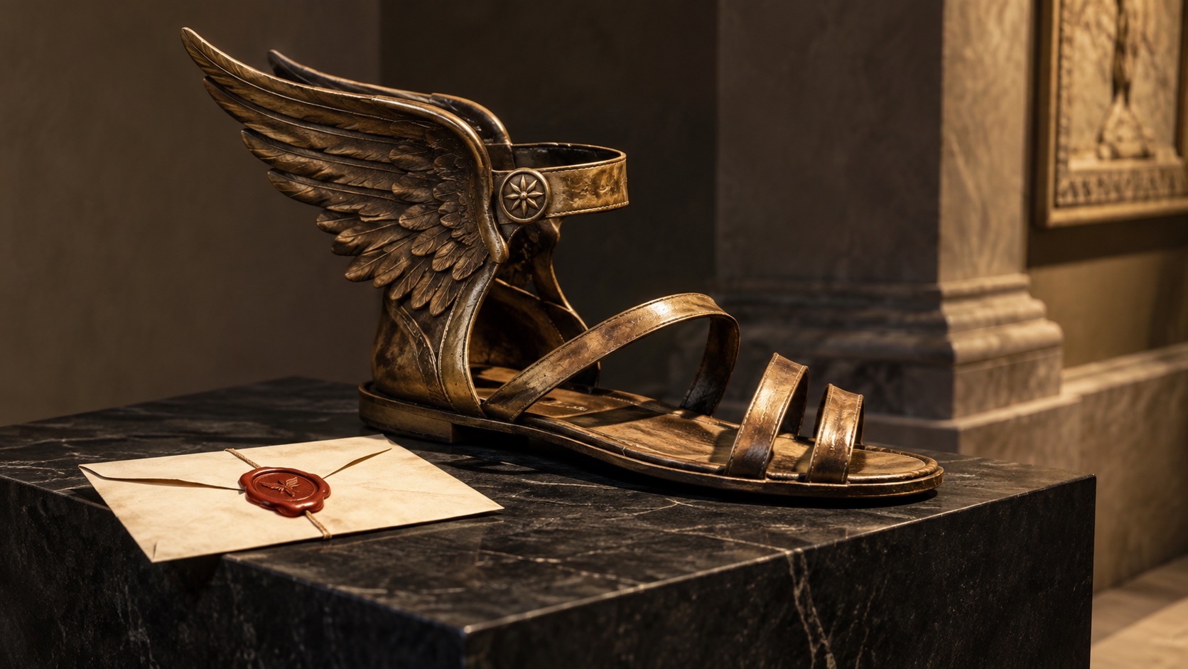 Ancient-style winged sandal sculptural prop on dark museum pedestal, sealed wax letter beside it.