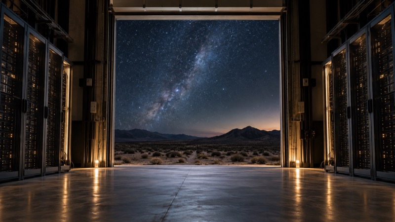 Large contemporary data-center service doorway framing a starry desert night, restrained architectural composition.