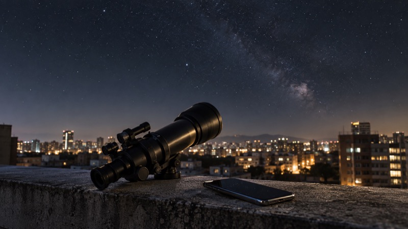 Handheld telescope and ordinary smartphone on rooftop parapet under clear stars, natural celestial light and city bokeh.