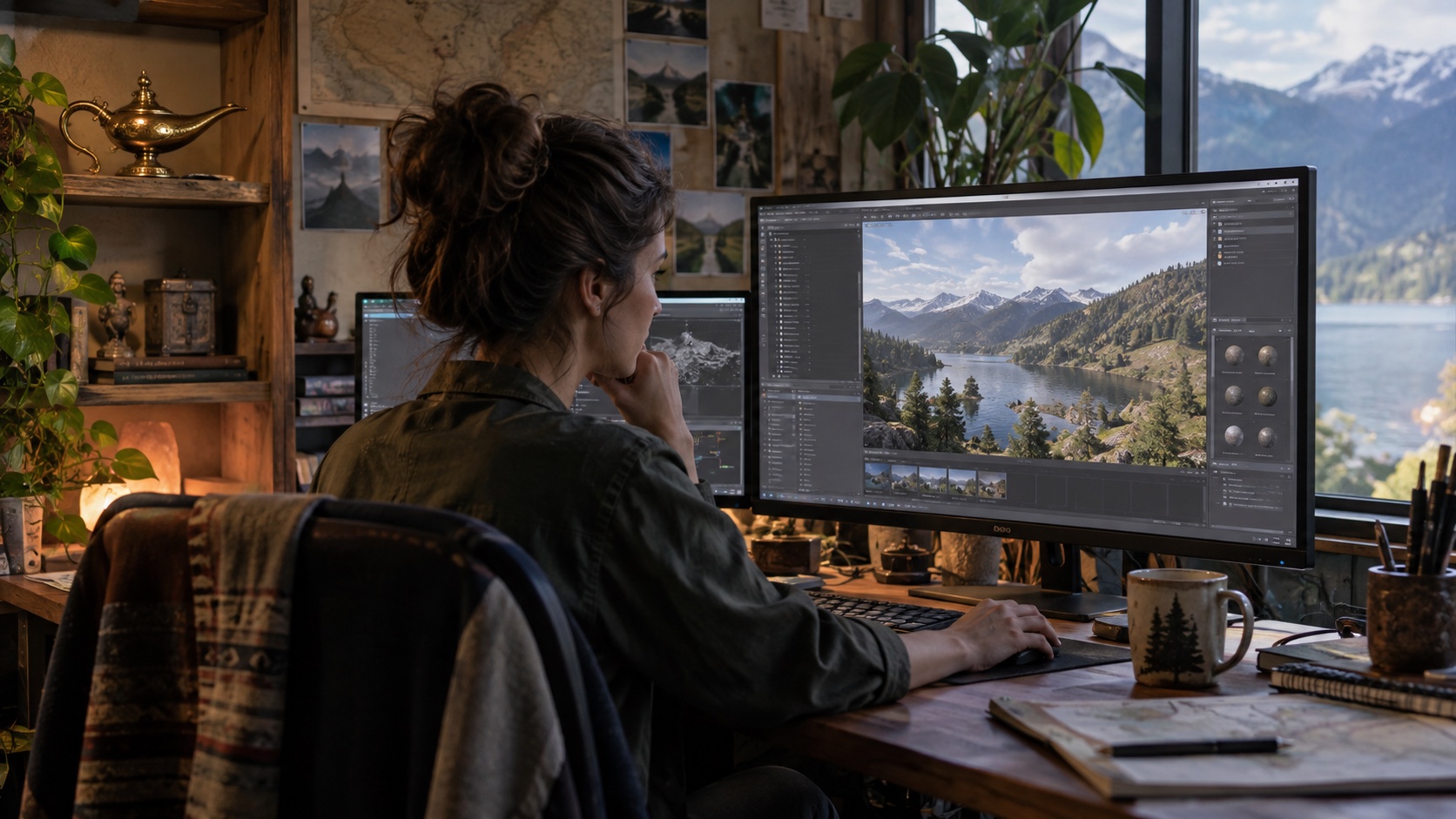 Game-world designer at workstation showing a generic natural landscape simulation, small antique-style brass oil lamp on nearby shelf.
