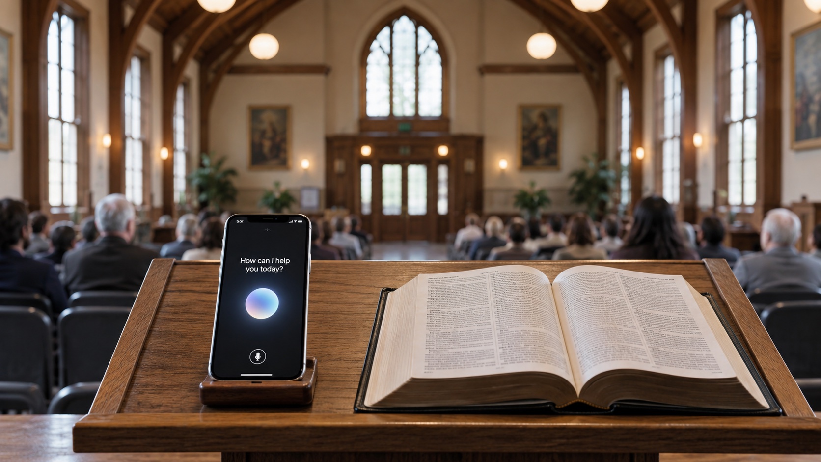 Smartphone on wooden reading lectern beside large reference book in simple community hall; audience chairs softly blurred.