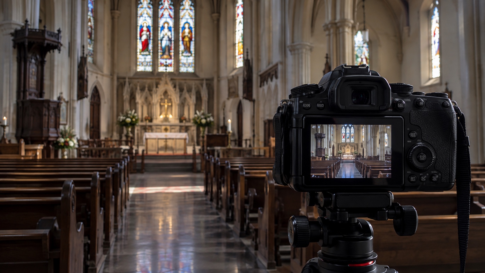 Camera aimed into empty church interior, its monitor shows same empty space.